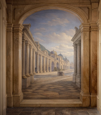 Colonnato con architettura classica, vista su una piazza e un edificio storico, sotto un cielo aperto