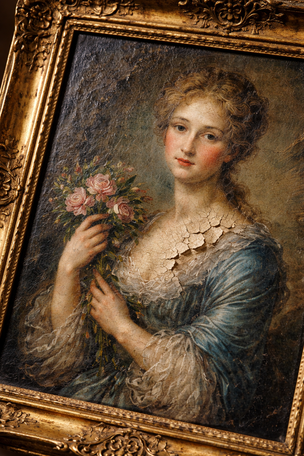 Ritratto di una donna con capelli castani e veste blu, che tiene un mazzo di fiori rosa, in un quadro antico con cornice dorata.