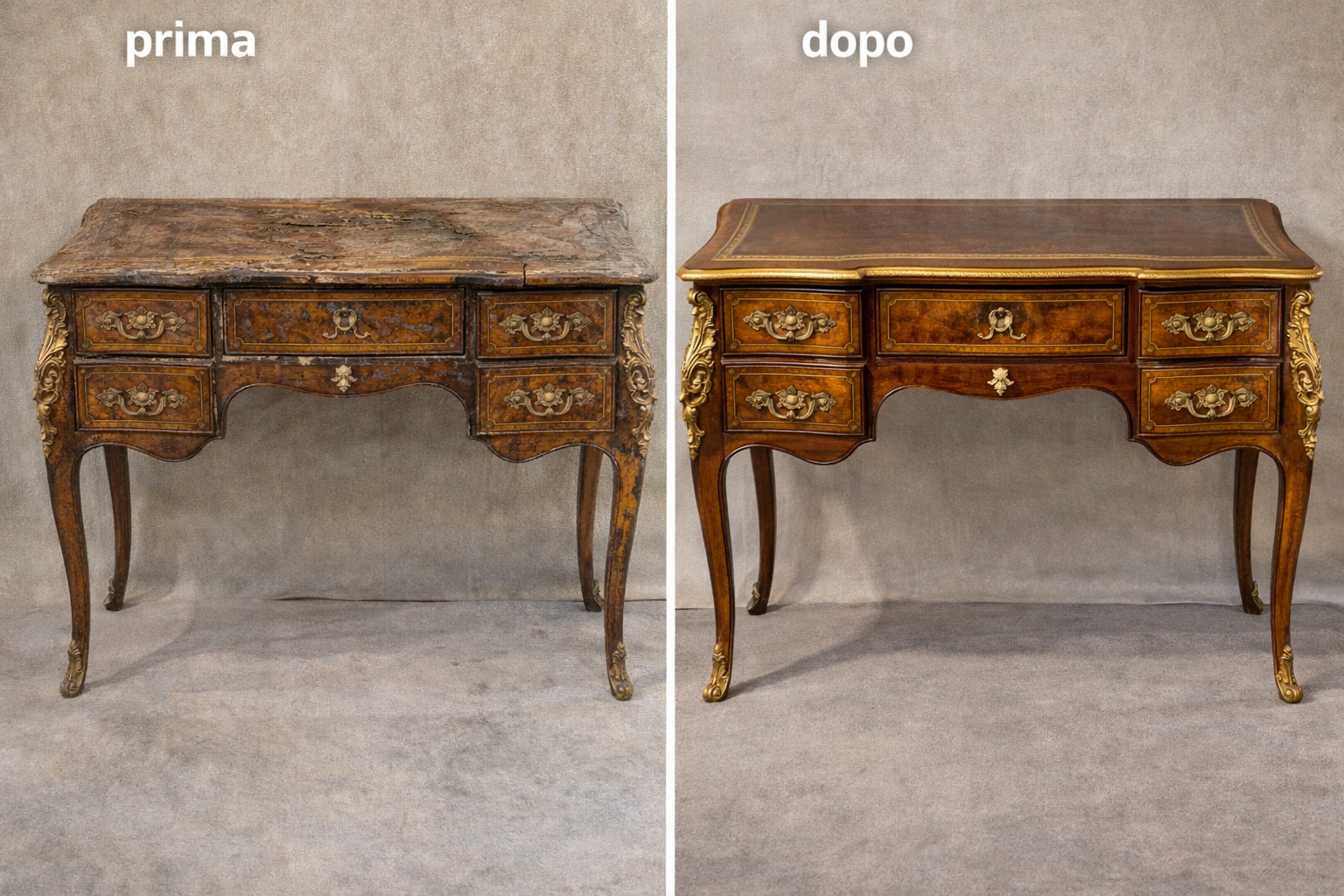 Confronto tra un mobile da toeletta antico danneggiato e restaurato, con la stessa forma e decorazioni, prima in condizioni deteriorate e dopo rinnovato e restaurato.