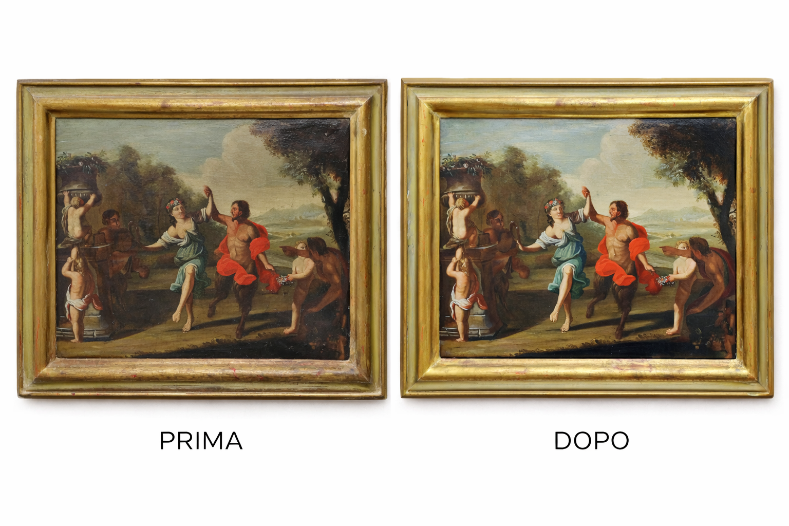 Immagine di due quadri raffiguranti la stessa scena: un dipinto classico con figure femminili e maschili in un paesaggio naturale, con una didascalia sotto che indica 'PRIMA' a sinistra e 'DOPO' a destra.