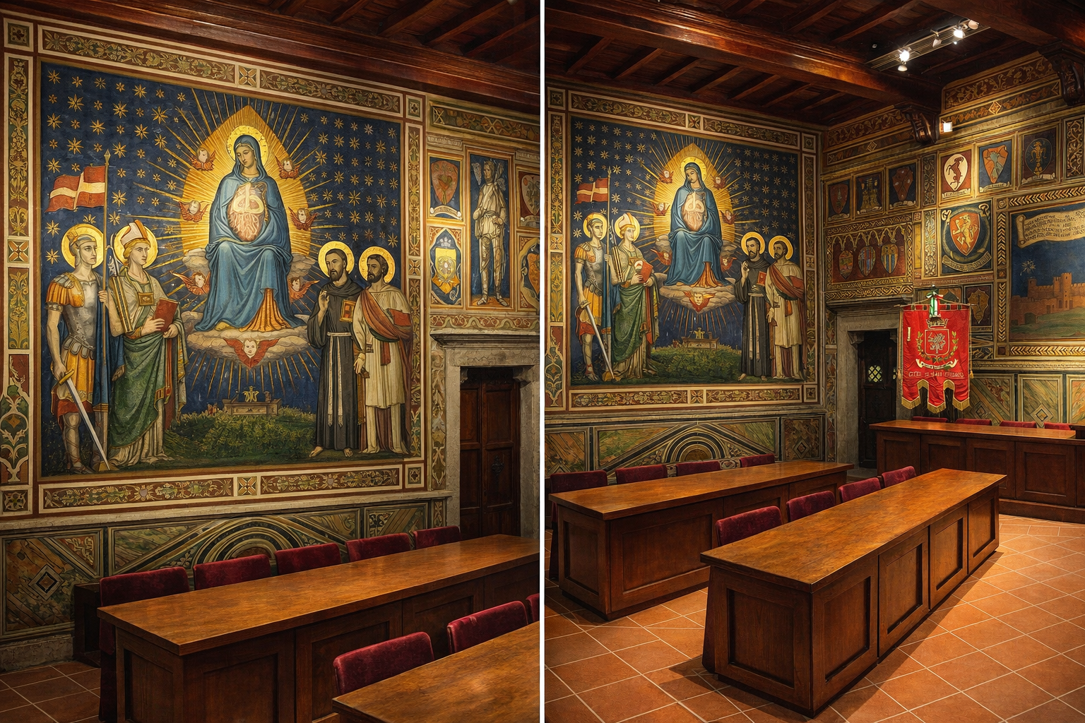 Sala con pareti decorate con affreschi religiosi, tavoli di legno e sedie con rivestimento rosso, un'icona con stemma e un camino in pietra.