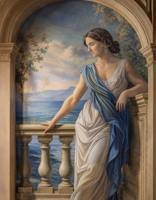 Una donna in abito bianco e blu, che si appoggia alla ringhiera di un balcone, con uno sfondo di mare e cielo.