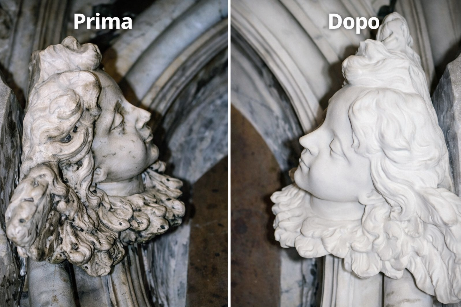Confronto tra una scultura in pietra usurata e una restaurata raffigurante un volto di donna con capelli ricci, posizionata in un arco in stile gotico.