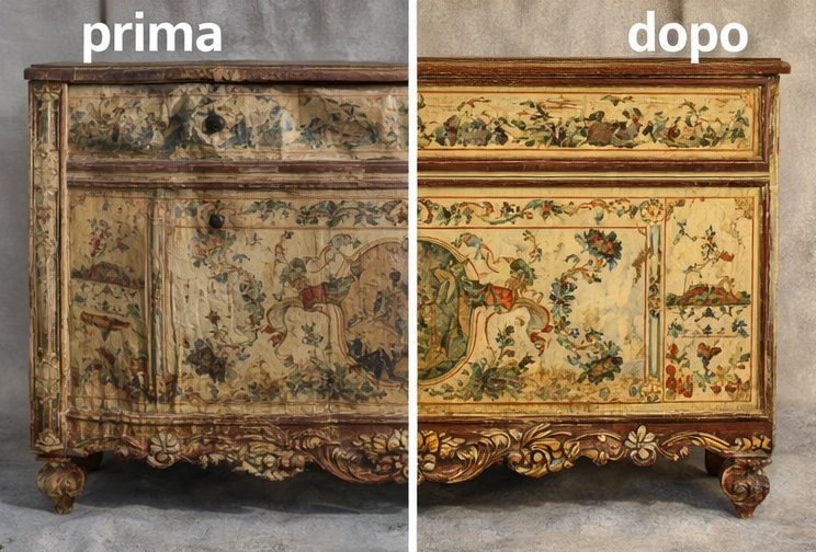 Confronto tra un mobile antico con decorazioni usurate e lo stesso mobile restaurato con colori più vivaci e dettagli più chiari.