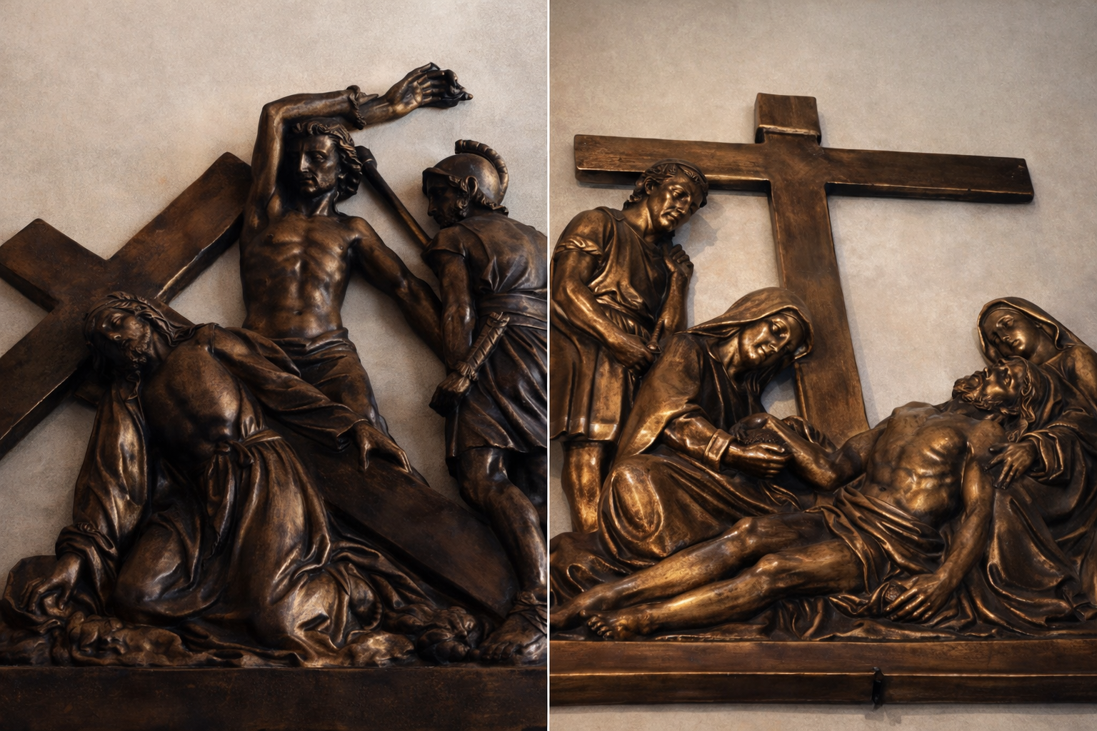 Due pannelli di scultura in bronzo raffiguranti scene della Passione di Gesù Cristo, con figure umane in atteggiamenti di dolore e sofferenza, accompagnate da croci sullo sfondo.