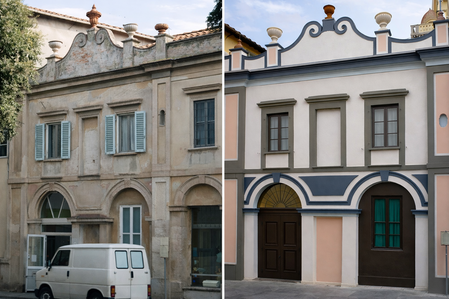 Confronto tra una facciata di edificio vecchio e una ristrutturata con dettagli architettonici eleganti