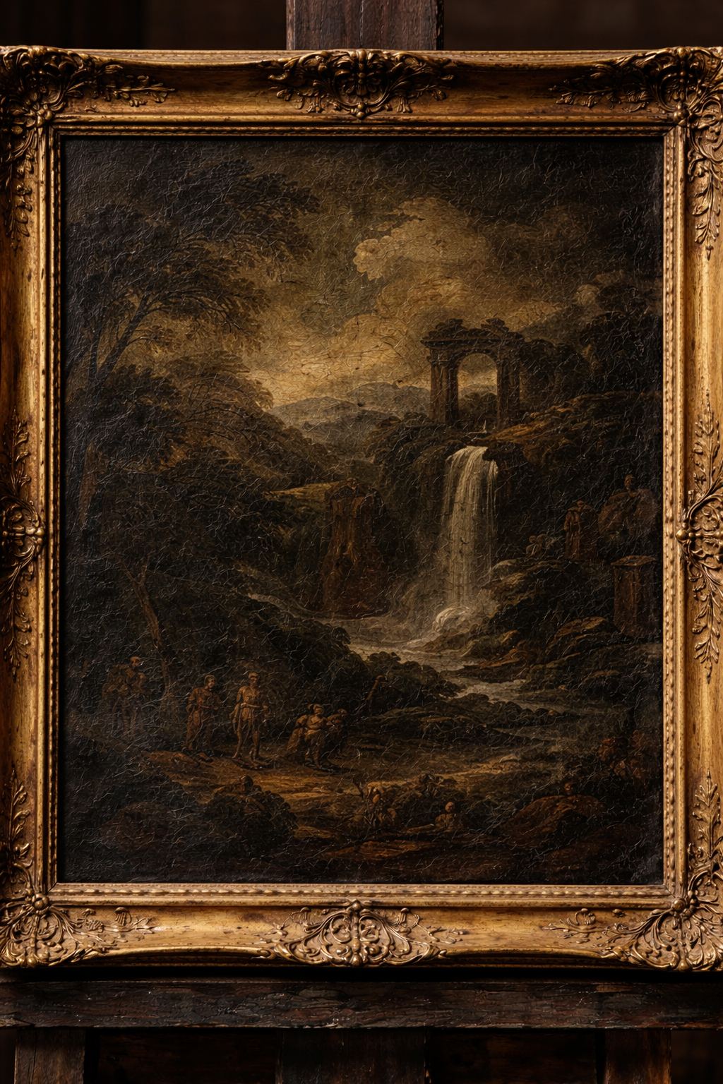 Paesaggio naturale con cascata, arco antico su una collina e figure umane nel primo piano.