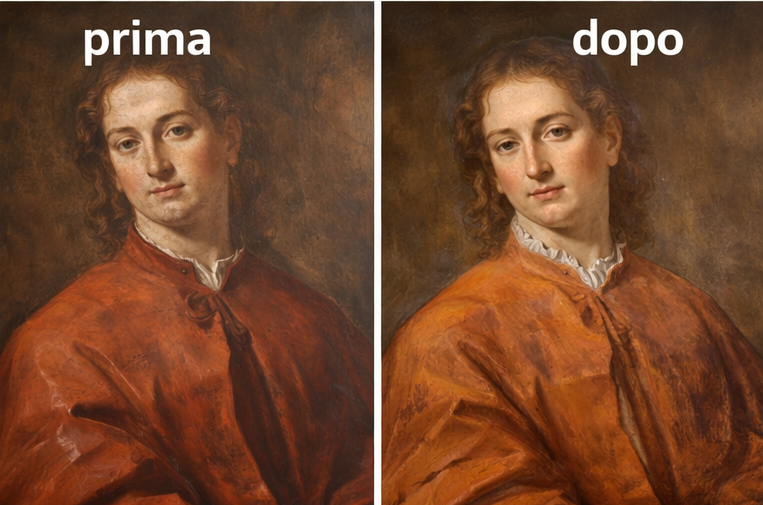 Dipinto di un ritratto di una donna con capelli ricci castani, abbigliamento rosso, confronto tra prima e dopo con miglioramento del colore e dei dettagli.