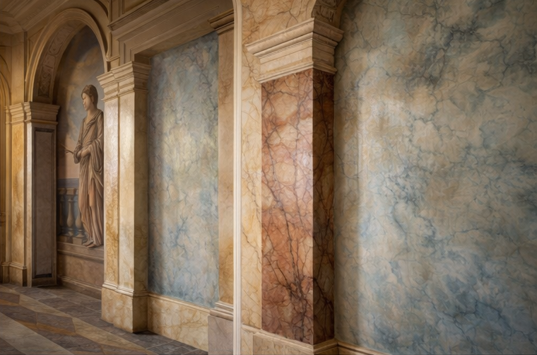 Pareti decorate con marmi e colonne in stile classico, con una statua e un arco decorativo.