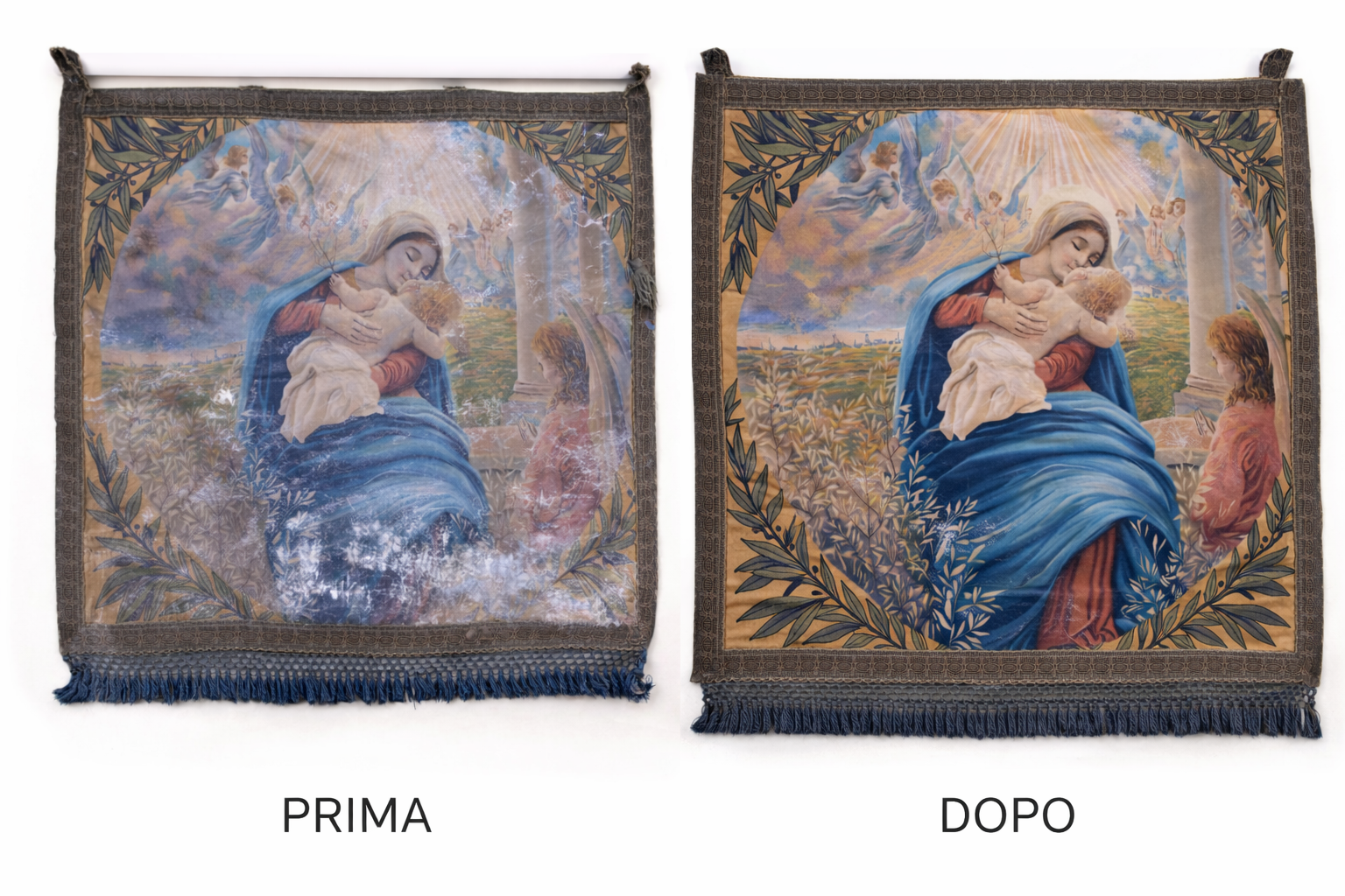 Riproduzione di un dipinto religioso che mostra Maria con Gesù bambino, circondati da angeli, prima e dopo la pulizia del vetro che copre l'immagine.