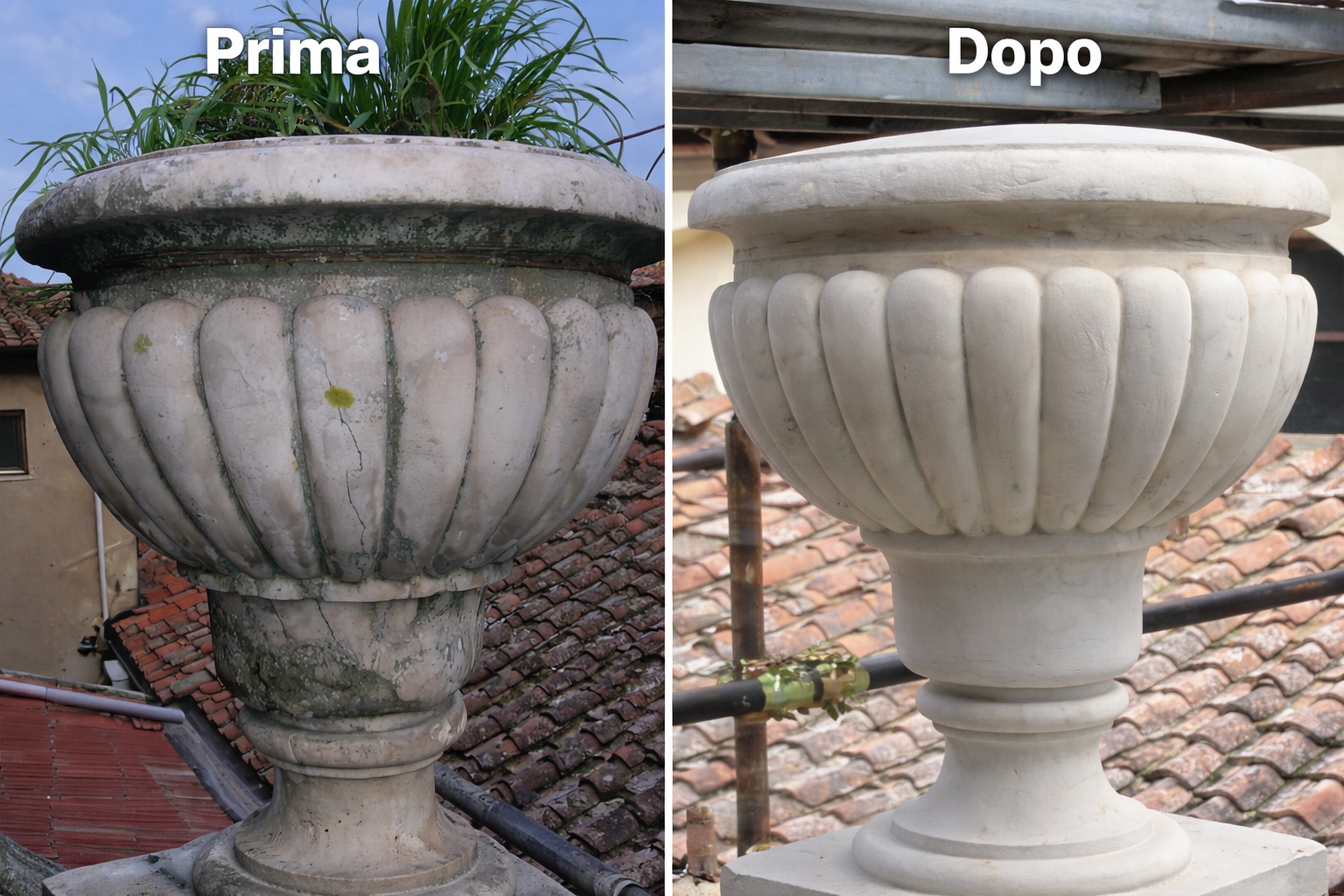 Foto di un vaso decorativo in pietra, mostrato prima in condizioni usurate e dopo restaurato, posizionato sulla copertura di un tetto con tegole in terracotta. Il vaso ha una forma a calice con fianchi scanalati e una bases larga.