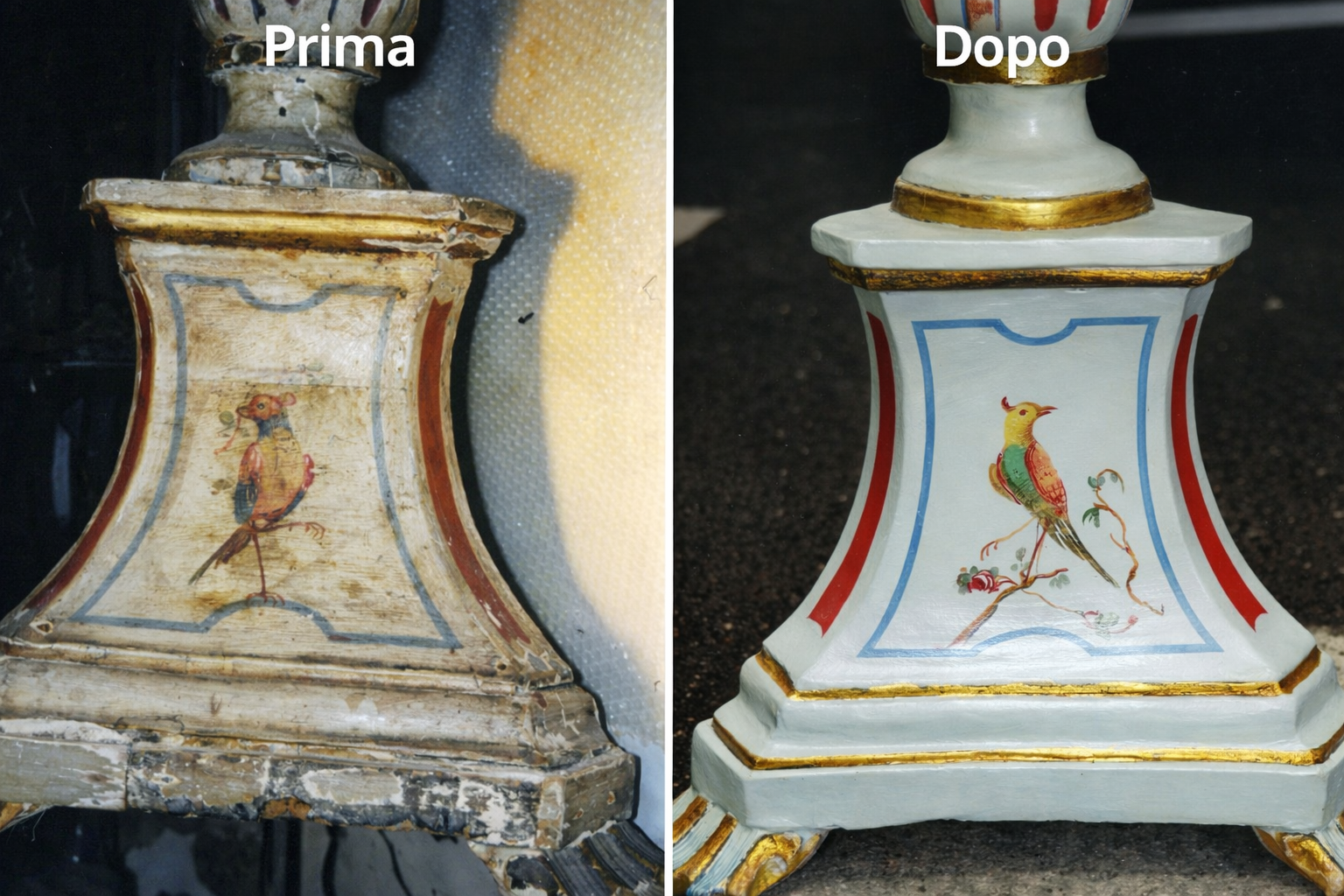 Confronto tra un mobile antico con decorazione di un uccello e una riparazione moderna dello stesso oggetto, ora restaurato e dipinto con colori vivaci.