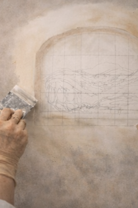 Una mano che traccia un disegno su una parete con una spatola, con linee guida e uno schizzo di una figura umana.