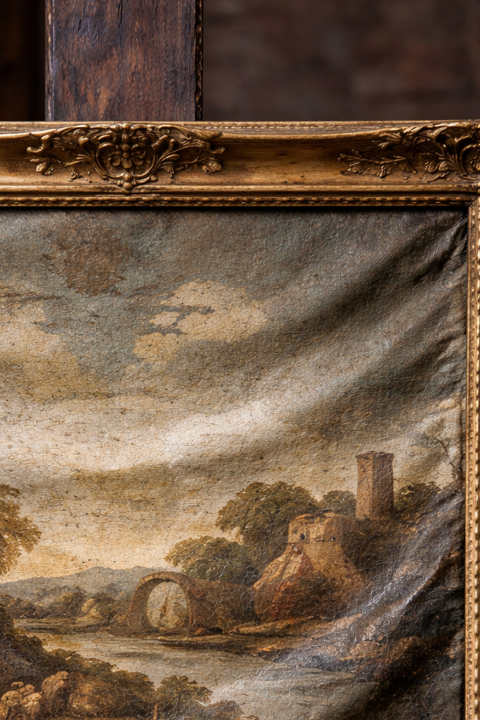 Un dipinto di paesaggio con un arco, un fiume e rovine di una torre, incorniciato in una cornice decorativa classica.