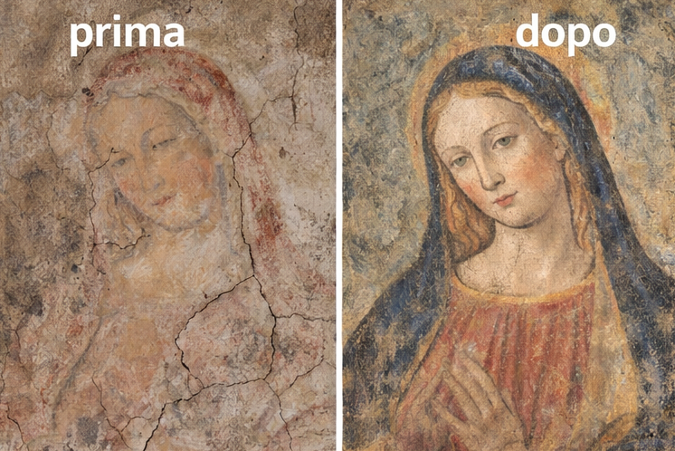 Immagine divisa in due parti con la scritta "prima" e "dopo". La parte "prima" mostra un affresco danneggiato di una figura femminile, mentre la parte "dopo" mostra una versione restaurata di un'affresco di una donna con abiti ricchi, che tiene le ma
