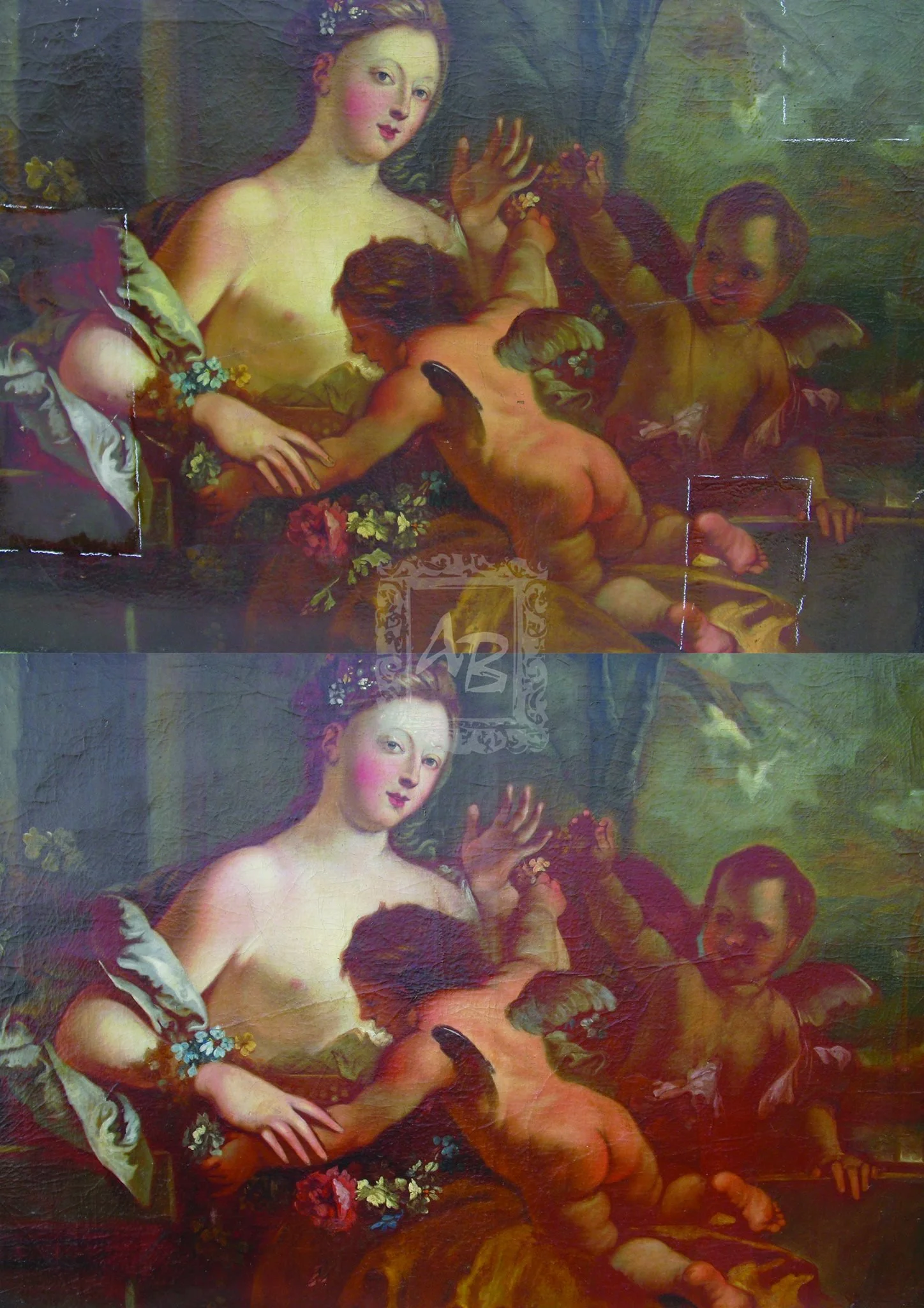 Un dipinto che raffigura una donna con capelli raccolti, circondata da tre bambini, uno dei quali è appoggiato a lei, mentre gli altri due sono vicino a lei, con uno che è sdraiato e l'altro che sorride. Il quadro ha uno stile classico e i colori son