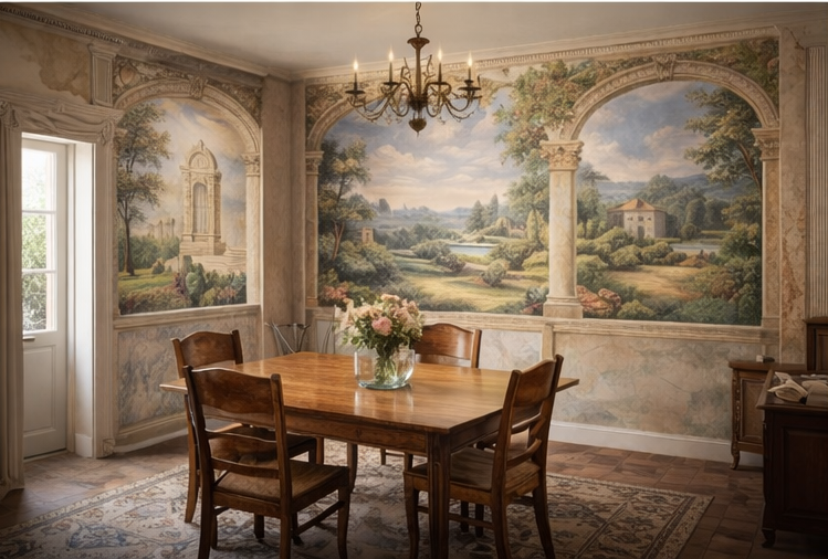 Sala da pranzo con pareti decorate con affreschi di paesaggi rurali e colonne, tavolo in legno con sei sedie, vaso di fiori al centro, lampadario chandelier e porta finestra che lascia entrare luce naturale.