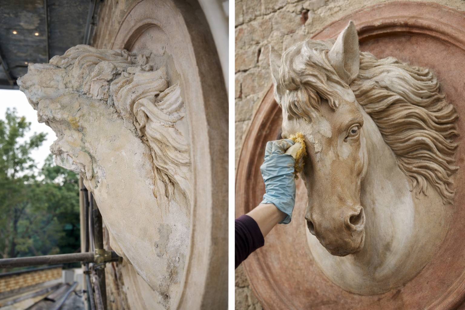 Restauro di una scultura in marmo di un volto di cavallo, durante il processo di pulizia con una spugna. La scultura è fissata a un muro di mattoni.