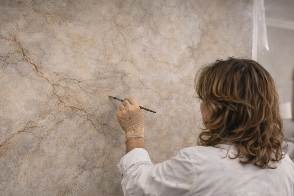 Una donna con capelli castani riccioli, vestita con un camice bianco, dipinge o si prende cura di una parete a motivo marmo con un pennello.