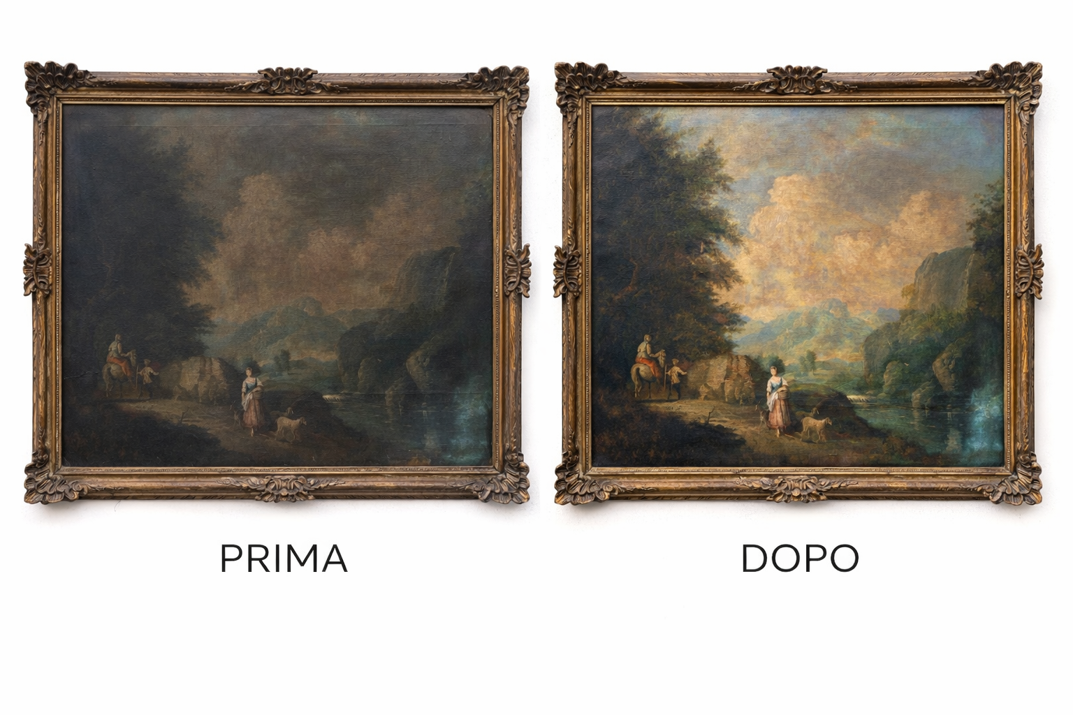 Due quadri di paesaggi naturali, uno prima e uno dopo la ristrutturazione, con un campo, alberi, cielo e persone con cavalli, in cornici elaborate.