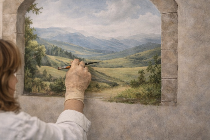 Un artista sta dipingendo un paesaggio di montagne e colline da una finestra dipinta su un muro