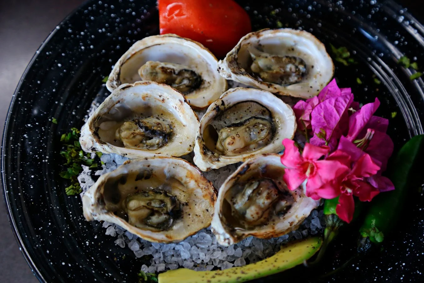 A black plate with six fresh oysters on a bed of sea salt, garnished with a pink flower, green leaves, a slice of tomato, and a lime wedge.