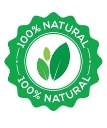 Green circular badge with a leaf icon in the center, reading '100% Natural' twice around the perimeter.