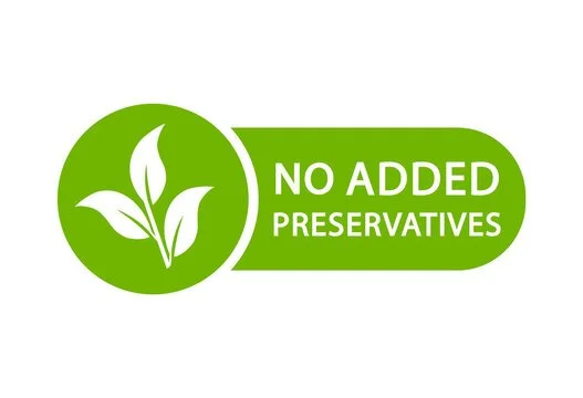 Green label with a leaf icon and the text 'NO ADDED PRESERVATIVES'.