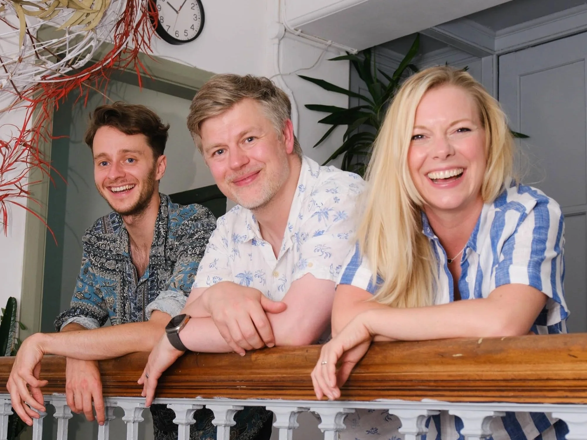 The Pretend Company directors, (L to R) Liam Webber, Chris Mead, and Ali James, all smiling to camera