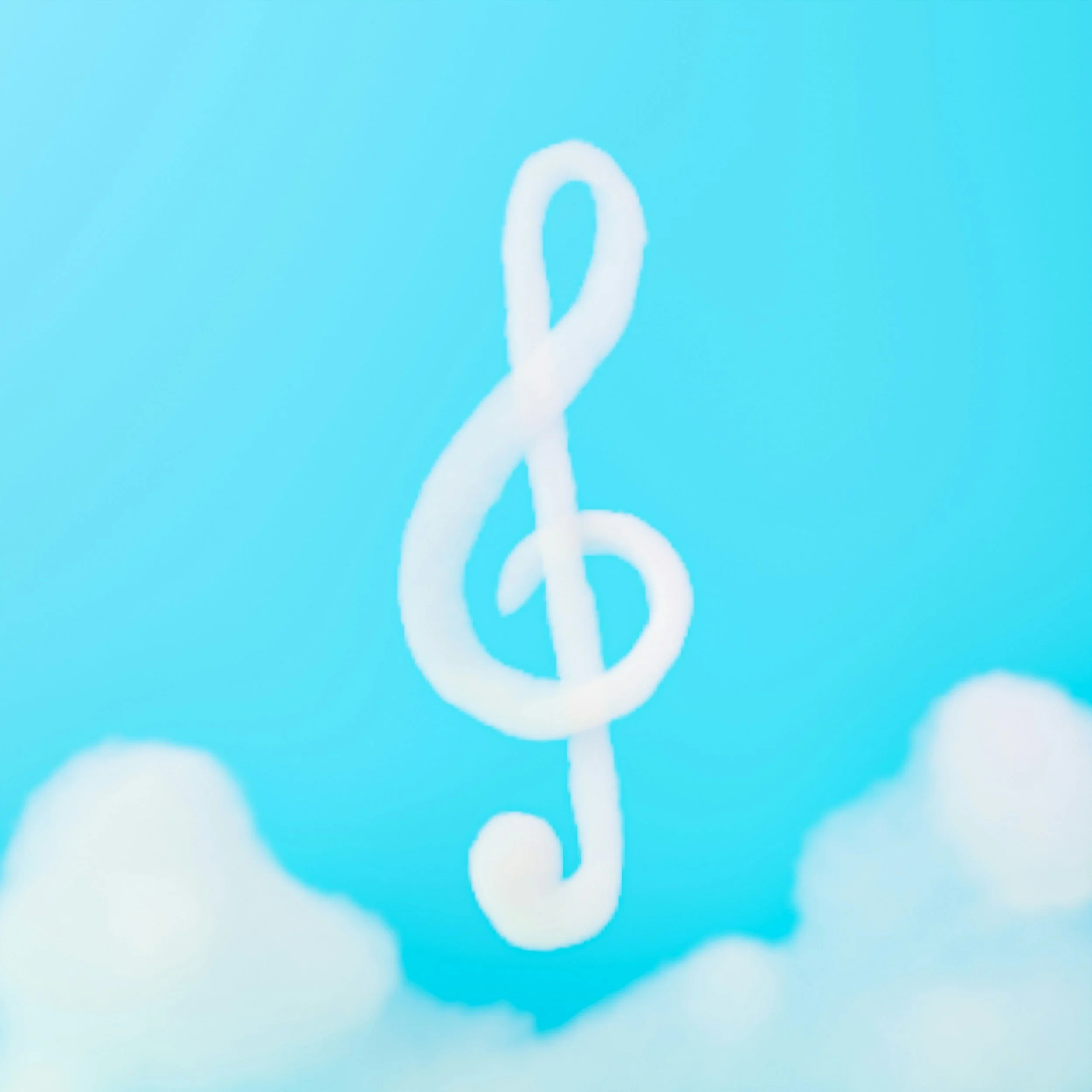 A white treble clef symbol built from clouds against a blue sky background.