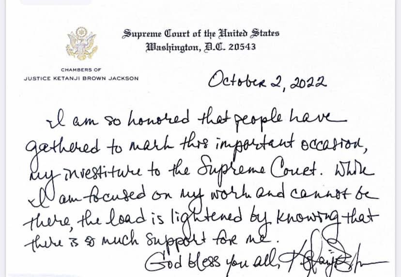 A handwritten note from the Supreme Court of the United States, dated October 2, 2022, expressing honor and gratitude for support.