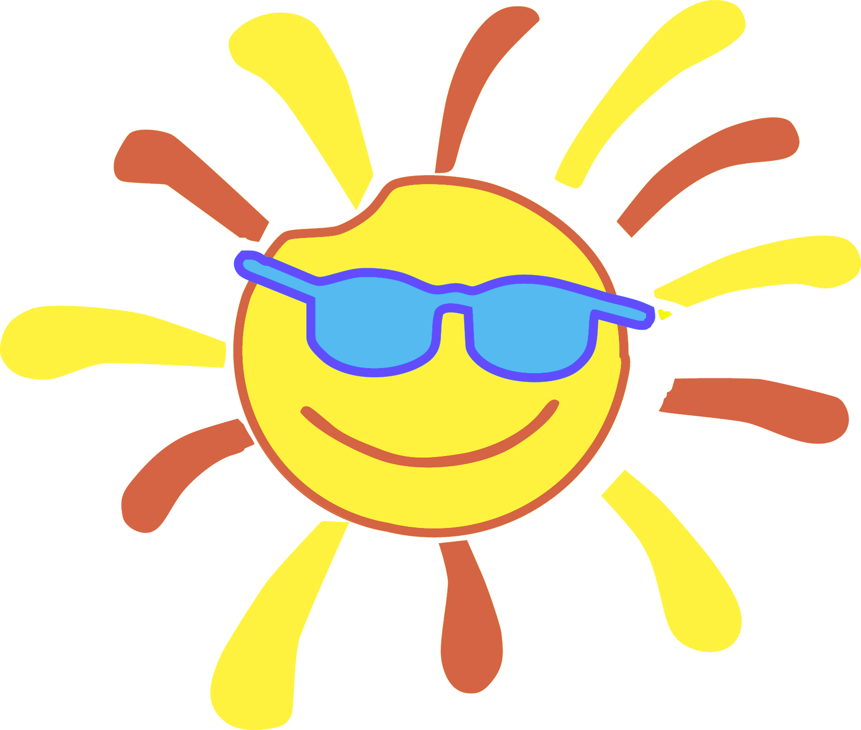 A cheerful yellow sun with rays in yellow and brown, wearing blue sunglasses and smiling.