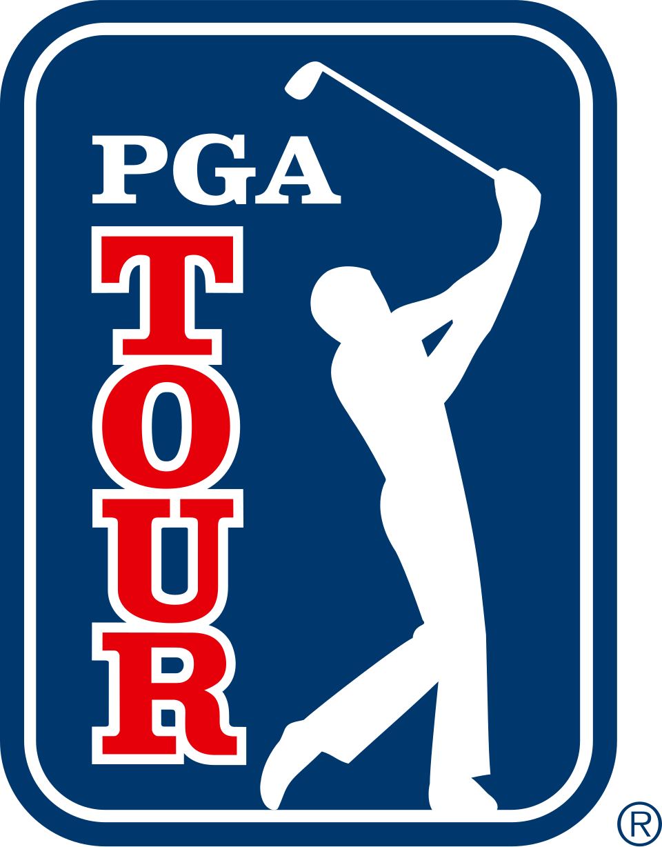 Logo for the PGA Tour featuring a golfer silhouette swinging a club, with the words 'PGA TOUR' in bold red and white letters on a blue background.