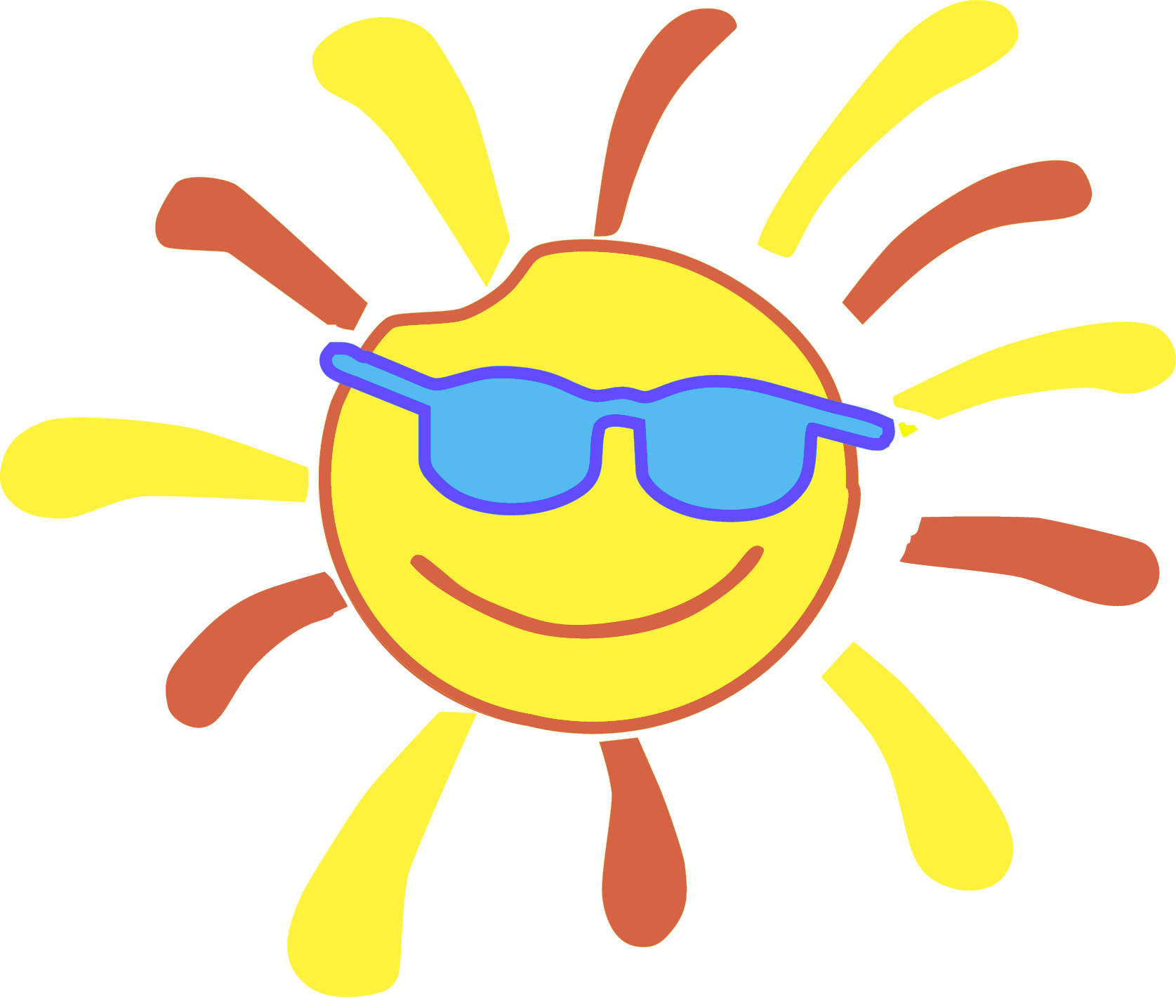 Drawing of a smiling yellow sun wearing blue sunglasses, with orange and yellow rays extending outward.