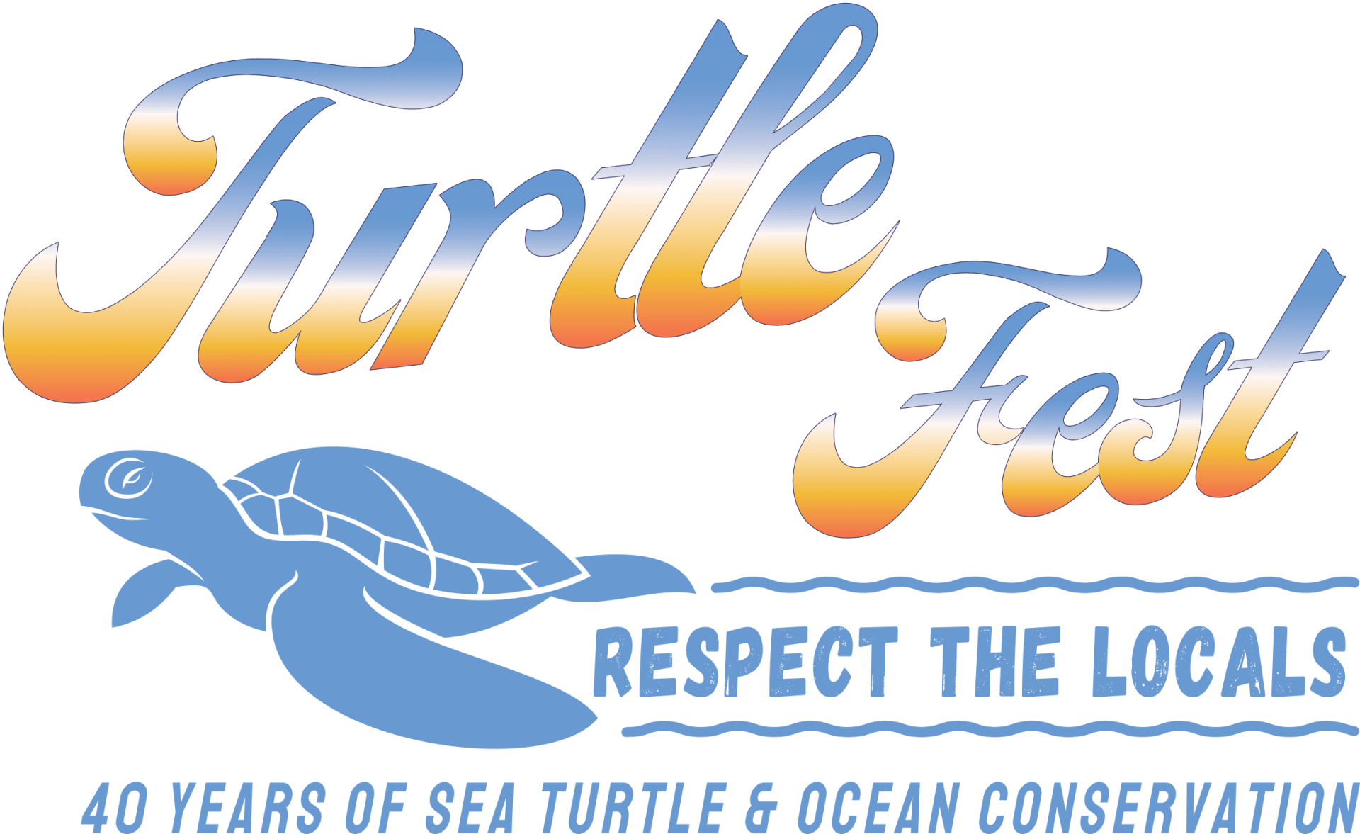 Logo for Turtleneck Fest with a blue sea turtle and text that reads "Turtleneck Fest," "Respect the Locals," and "40 Years of Sea Turtle & Ocean Conservation."