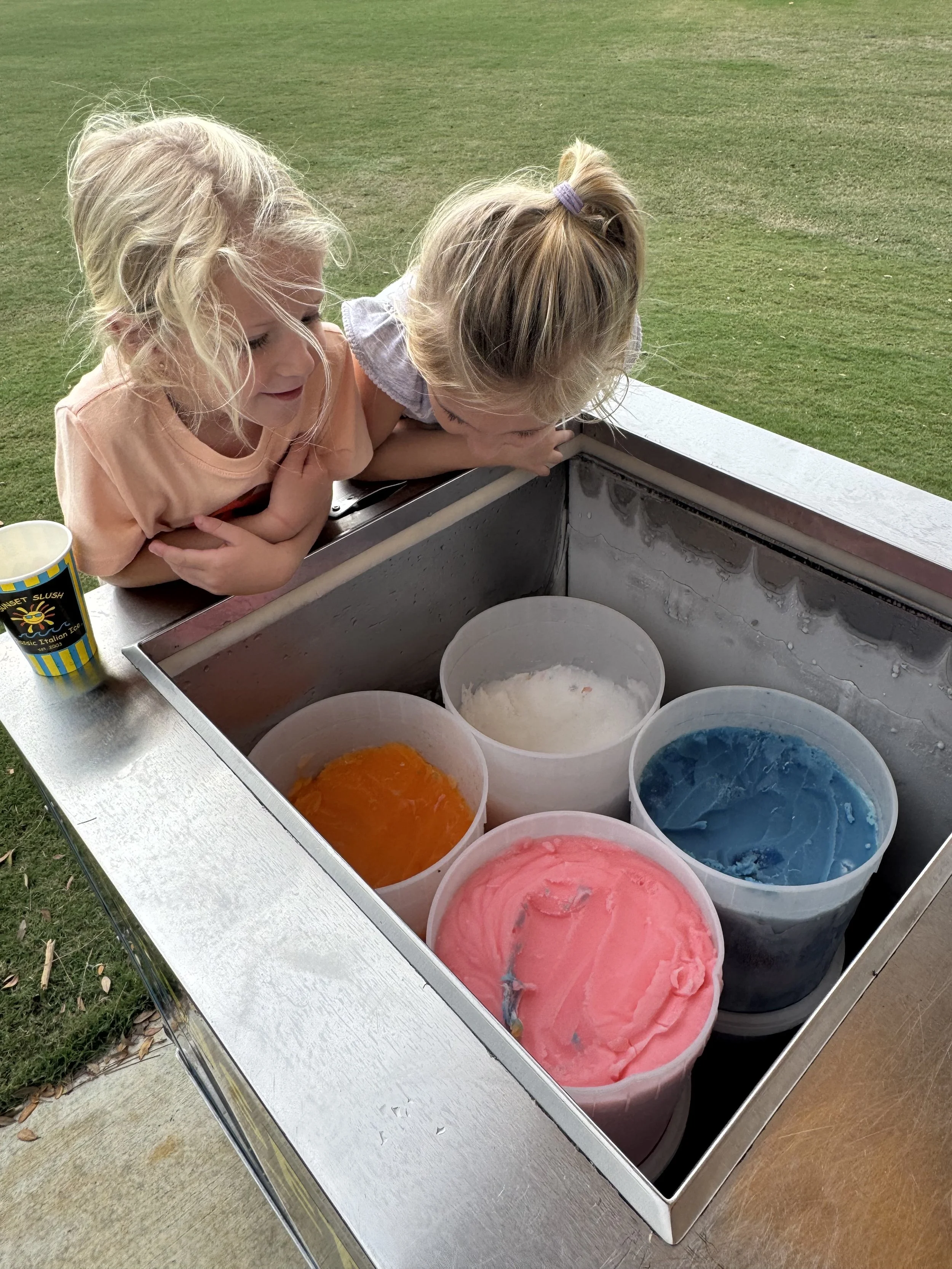 Two young girls looking into a large metal tub filled with different colored slushie flavors at an outdoor stand.