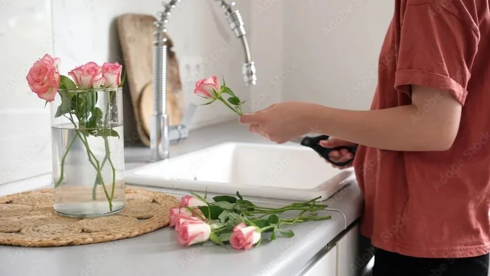 Person arranging pink roses in a kitchen sink, with some roses on the countertop and a glass vase of water on a woven placemat.