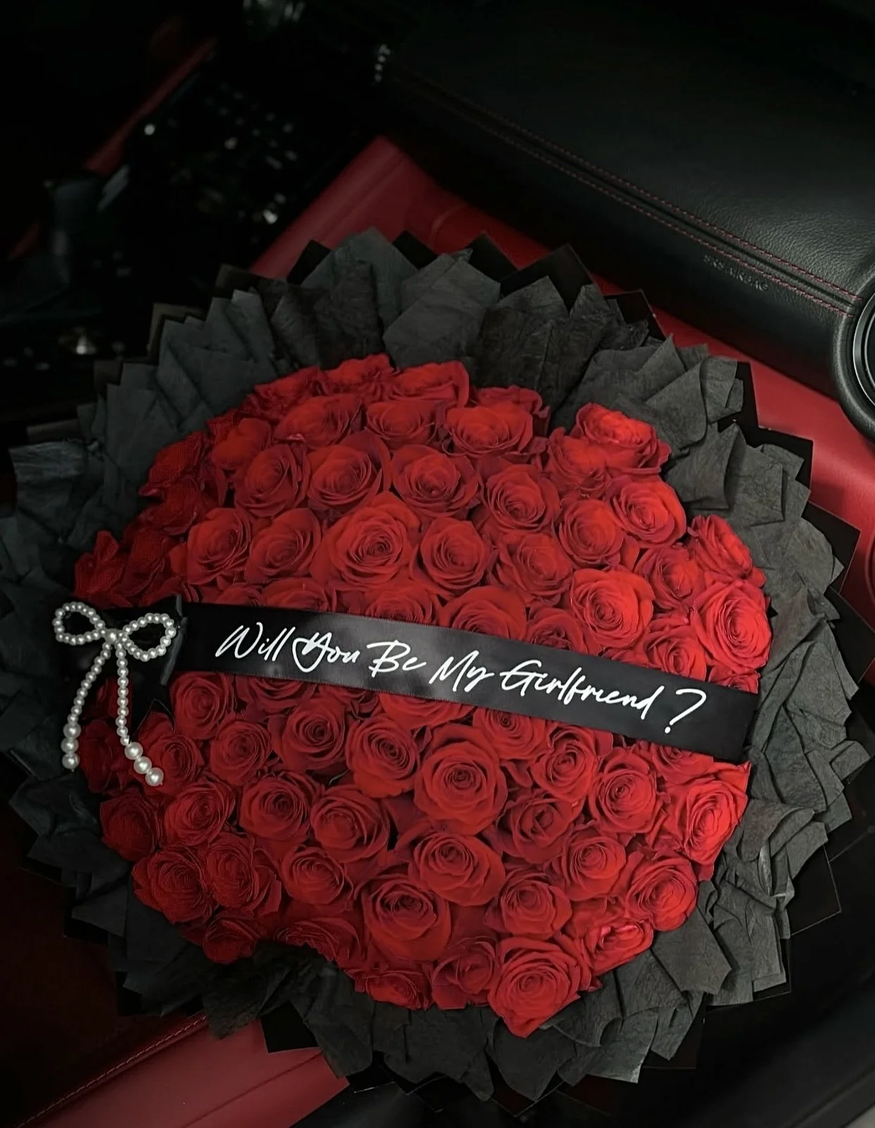 75 roses, Ribbon with phrase, pearl bow, and cotton filler