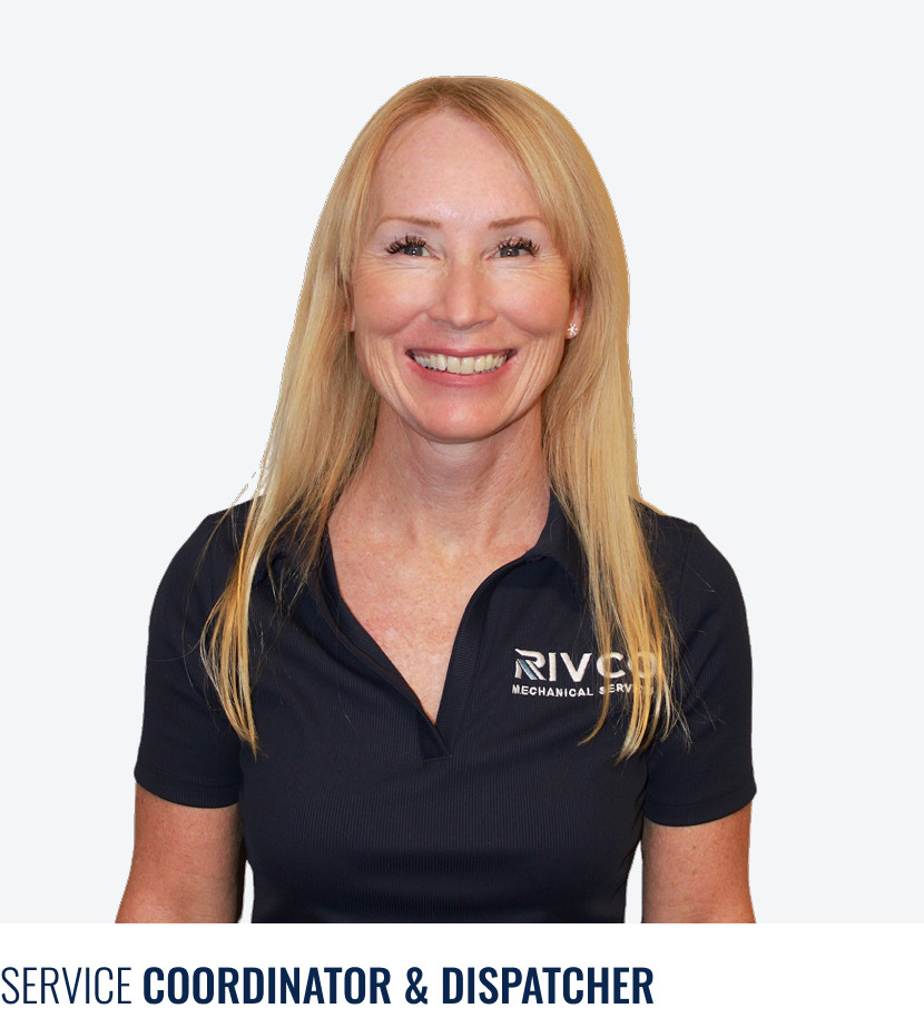 A woman with long blonde hair smiling, wearing a black polo shirt with 'RIVCO Mechanical Service' logo, standing against a light background.