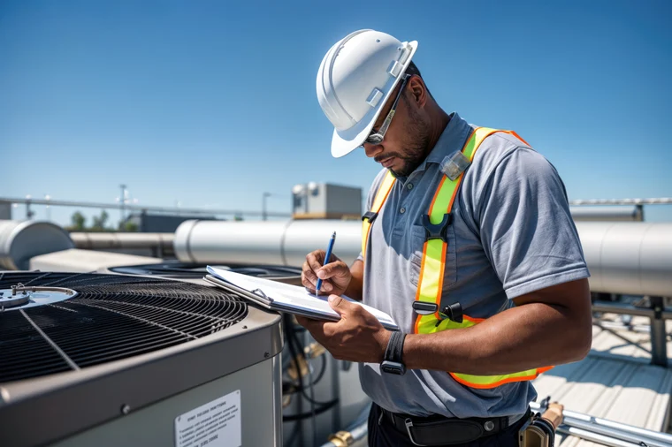 A male technician wearing a safety helmet and reflective safety vest inspecting and taking notes on a clipboard next to an HVAC air conditioning unit on a rooftop.