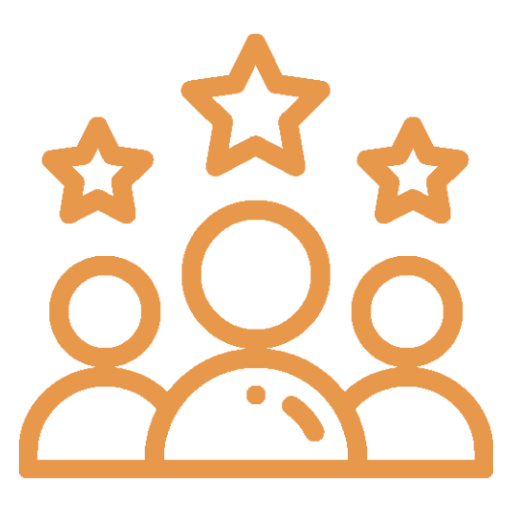 Icon of three stylized people with stars above their heads, representing achievement or recognition.