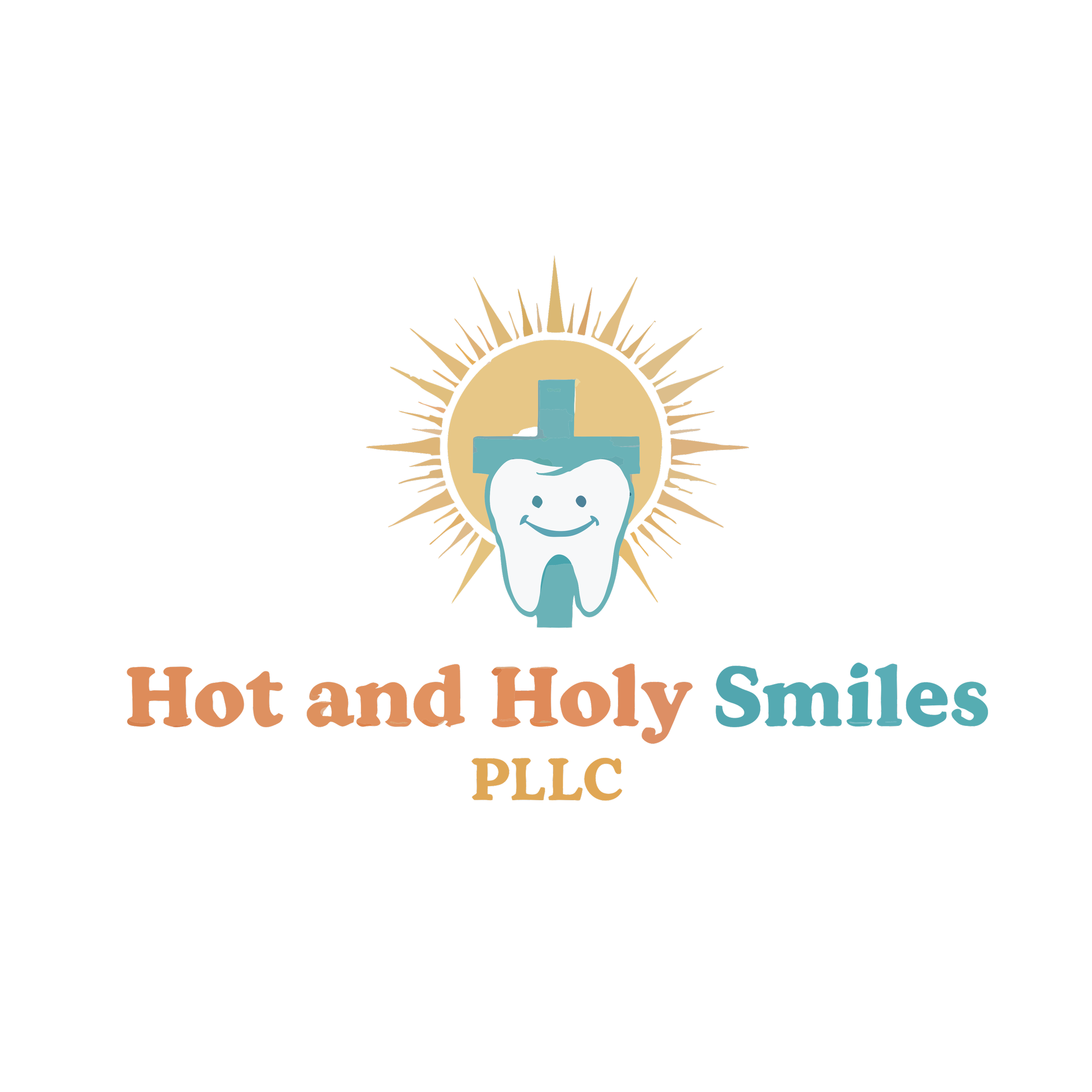 Logo for Hot and Holy Smiles PLLC featuring a smiling cartoon tooth with a cross on top, set against a radiant sunburst background, with the business name in colorful text.
