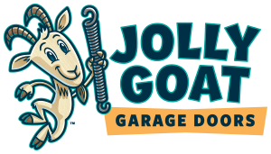 Logo for Jolly Goat Garage Doors featuring a cartoon goat holding a garage door opener.
