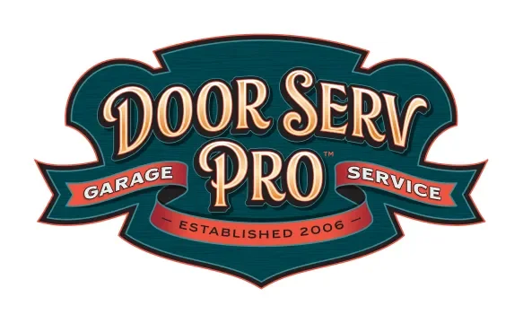 Logo for Door Serv Pro, a garage door service company established in 2006, featuring a dark teal background with cream and red accents.