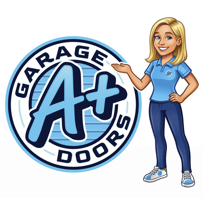 Illustration of a woman with blonde hair wearing a blue polo shirt with an 'A+' logo, standing next to a circular logo for Garage Doors with a large 'A+' in the center and the words 'Garage Doors' around it.