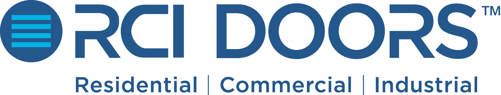 Logo for RCI Doors, featuring a circular blue icon with three horizontal lines, and text indicating they serve residential, commercial, and industrial sectors.