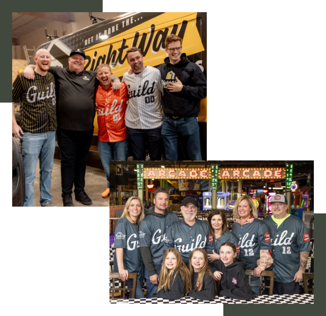 Group of people at an arcade and a team at a gaming event, all wearing branded apparel.