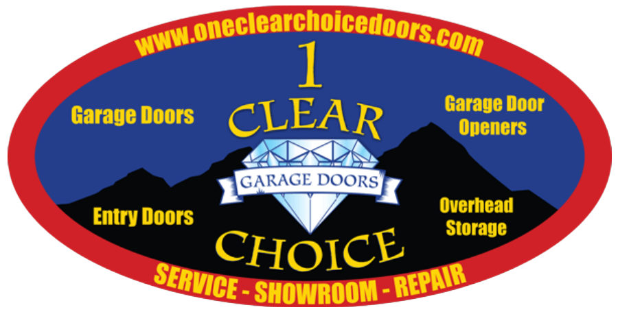 Oval logo for garage doors with mountain background, includes text promoting garage door services like entry doors, garage door openers, overhead storage, and repair, with a website link at the top.