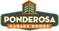 Logo of Ponderosa Garage Doors with a building icon above and green, orange, and white color scheme.