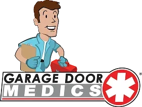 Cartoon illustration of a man with brown hair, wearing a blue scrubs, holding a red and black power drill, in front of a garage door. Below, a logo with bold black words 'Garage Door' and 'Medics' alongside a red medical cross.